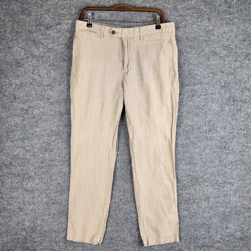 Cremieux Pants Mens 34x30 Pinstripe Linen Tan Brown Flat Front Trousers